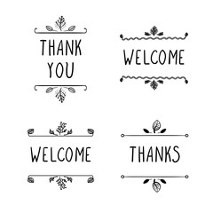 Poster - Vector Doodle Signs: Welcome, Thanks and Thank You, Black Outline Drawings Isolated.