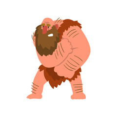 Sticker - Muscular primitive caveman in loincloth, stone age prehistoric man character cartoon vector Illustration on a white background