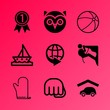 Vector icon set about fitness and sport with 9 icons related to impact, danger, field, luggage, bounce, hunt, background, climbing, prize and person