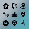 Vector icon set about location with 9 icons related to orienteering, template, east, arrows, media, message, exterior, video, map and star