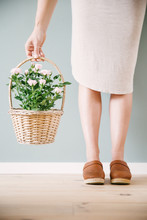 A Woman Holding A Small Wicker Basket With A Bush Of Roses Wearing Neutral Colors And Brown Leather Clogs.