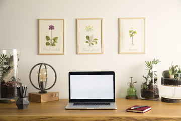  Stylish concept of mock up laptop screen in modern home office interior with wooden desk, books, laptop, plants, poster frames of vintage plants, table lamp, pencils and other office accessories. 