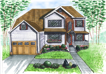 Landscape architecture plan design in the courtyard for Villa. view of the path plan 2 watercolor. view of the track plan 2 markers. playground. front door. watercolor. corner marker. facade 