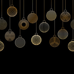 Canvas Print - Decorative seamless border made of golden Christmas ball toys hanging on black background