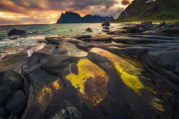 Wall Mural - sunset over uttakleiv beach on lofoten islands in norway
