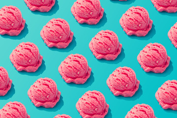 Wall Mural - pink strawberry ice cream pattern on pastel blue background. summer minimalism. isometric flat lay.