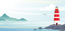 Lighthouse with ocean or sea beach view on background in flat style.