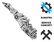 Repair service Sumatra Island map composition of instruments. Abstract geographic plan in gray color. Vector Sumatra Island map is shaped of gears, screwdrivers and other technical objects.