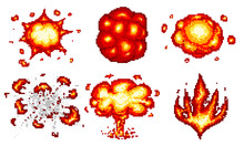 Pixel Art Explosions. Game Icons Set. Comic Boom Flame Effects For Emotion. 8-Bit Vector. Bang Burst Explode Flash Nuclear Bubble Dynamite With Smoke. Animation Frame. Process Steps, Video Fire.