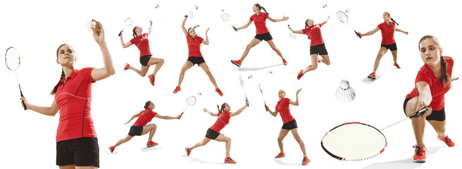 Young woman playing badminton over white background