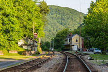 Old Thurmond, West Virginia Train Depo In The Mountains With Train Tracks.