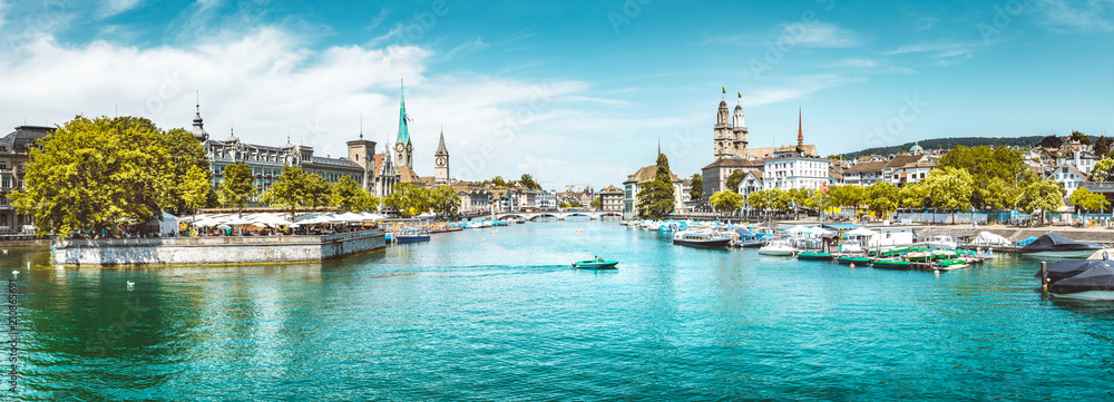 Zürich city panorama with Limmat river in summer, Switzerland - obrazy, fototapety, plakaty 