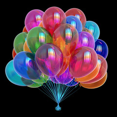 colorful party balloons. happy birthday helium balloon bunch, holiday decoration multicolor. different color celebration symbol. 3d illustration, isolated on black