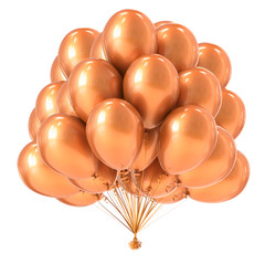 party balloons bunch golden royal glossy. birthday decoration helium balloon group yellow. holiday event, anniversary celebration, carnival symbol. 3d illustration