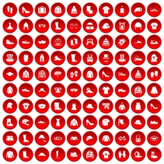 Wall Mural - 100 clothing and accessories icons set in red circle isolated on white vector illustration