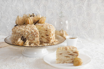 Canvas Print - Homemade  mille-feuille cake or Napoleon cake with pastry cream