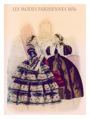 1856 fashion, French magazine Les Modes Parisiennes presents two young ladies standing indoor  with fancy cloths and hairdressing