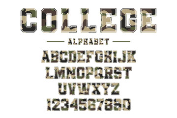 Classic college font with camouflage texture. Vintage sport font in american style for football, baseball or basketball logos and t-shirt, varsity style font