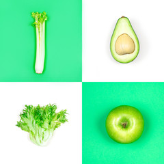 Wall Mural - Creative layout of green vegetables and fruits: celery, avocado, apple and frisee salad on white and green background