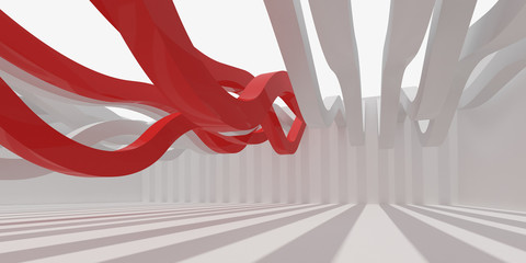 Fototapete - 3D stimulate of white interior space and red curve line with sun light cast the shadow on the wall and floor,Perspective of minimal design architecture,3d rendering	