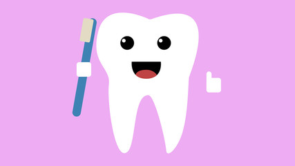 Cartoon happy tooth icon, healthy teeth concept smiling and holding toothbrush whilst giving a thumbs up, pink background