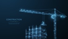 Construction. Polygonal Wireframe Building Under Crune On Dark Blue Night Sky With Dots, Stars.