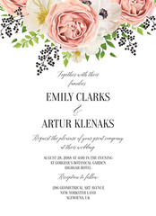 Wedding floral watercolor invitation, save the date card design with blush pink roses, creamy, white anemones, magnolia flowers, forest green fern leaves greenery and berries decoration. Vector layout