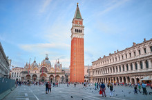 St. Mark's Square With Campanile At Sunset In Venice In Italy