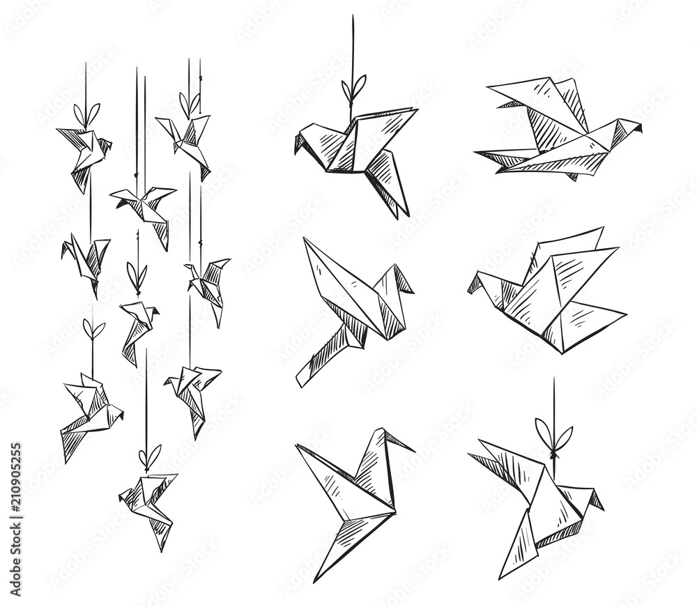 set of origami birds, vector sketch - obrazy, fototapety, plakaty 