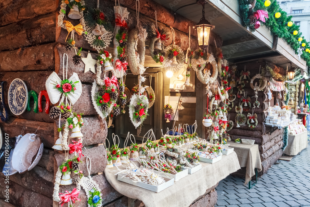Obraz na płótnie Traditional handmade souvenirs in Christmas market of Bucharest city, Romania w salonie
