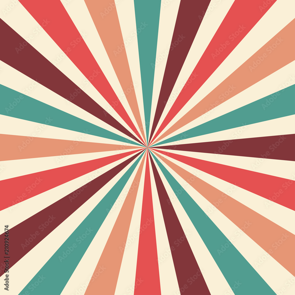 retro sunburst background vector pattern with a vintage color palette of burgundy red pink peach teal blue and beige white in a radial striped design with nostalgic style - obrazy, fototapety, plakaty 