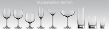Set Of Vector Glasses. 
Set Of Transparent Vector Glasses For Wine, Martini, Champagne And Other