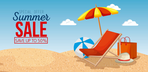 Poster - beach with summer sale icons vector illustration design