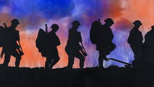 Outline Of WWI Soldiers Walking Over Colourful Blasts