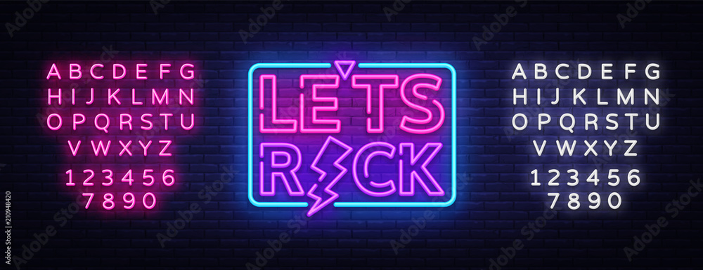 Lets Rock Vector Neon. Rock Music Neon Sign, Bright Night Sign, Light Banner, Neon Night Live Music Promotion, Nightlife Vector. Editing text neon sign - obrazy, fototapety, plakaty 