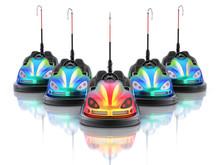 Leadership Concept With Electric Bumper Cars Over White Reflective Background