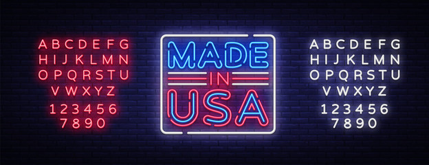 Wall Mural - Made in USA neon vector sign. Made in USA symbol banner light, bright night Illustration. Vector illustration. Editing text neon sign