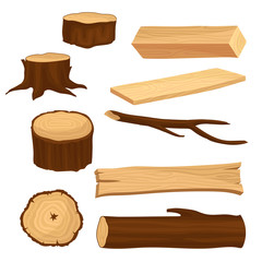 Wall Mural - Flat vector set of materials for wood industry. Old tree stumps and branch, long beam and planks, wooden log. Natural forest elements