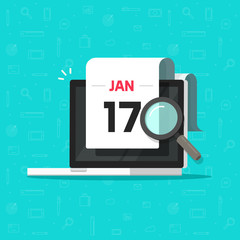 Wall Mural - computer with calendar date and magnifier glass searching flat cartoon vector illustration, digital 