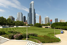 The Great Ivy Lawn At The Field Museum Park And Chicago Skyscrapers At The Background