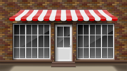 Brick small 3d store front facade Template with awning. Exterior empty shop or boutique with big window. Blank mockup of stylish realistic street shop. Vector illustration