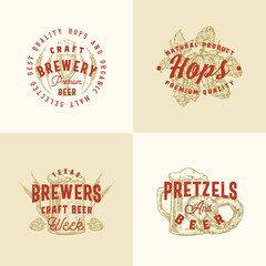 Wall Mural - brewery premium abstract vector signs, symbols or logo templates set. hand drawn retro glasses, hops