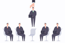 Employer Hand Pick An Employee From A Group Of Business People With Laptops. Recruiting Process Vector Cartoon Flat Concept Illustration With Selected Staff.