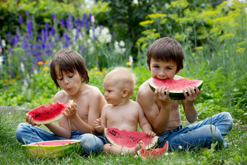 Wall Mural - Cute children, baby boy and two brothers, eating ripe watermelon in garden