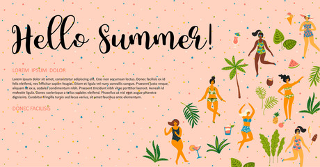 Wall Mural - Vector illustration of dancing ladyes in swimsuits and tropical palm leaves.