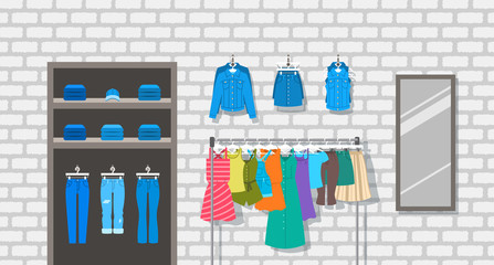 Women clothes store indoor interior illustration. Flat vector background. Female casual outfit shop. Different garments hanging on hanger rack. Denim jeans lie on shelves. Large mirror on a brick wall