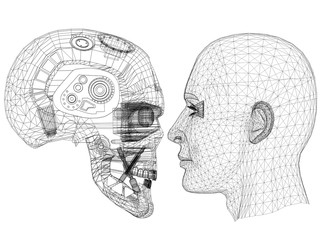 Wall Mural - Robot and Human Head design - Architect Blueprint - isolated