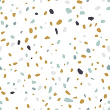 Terrazzo Texture Or Tile. Seamless Pattern With Blue, Yellow And Black Mineral Rock Crumb Scattered On White Background. Colorful Vector Illustration For Fabric Print, Wrapping Paper, Flooring.