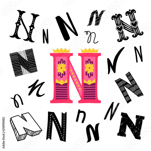 Set Of Letter N In Different Style Freehand Drawing On A White