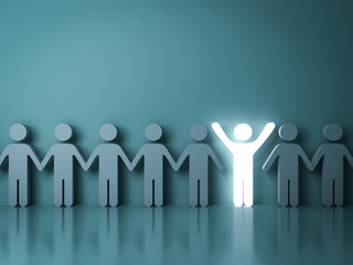 Fototapete - Stand out from the crowd and different creative idea concepts One glowing light man standing with arms wide open among other people on dark green background with reflections and shadows. 3D rendering.